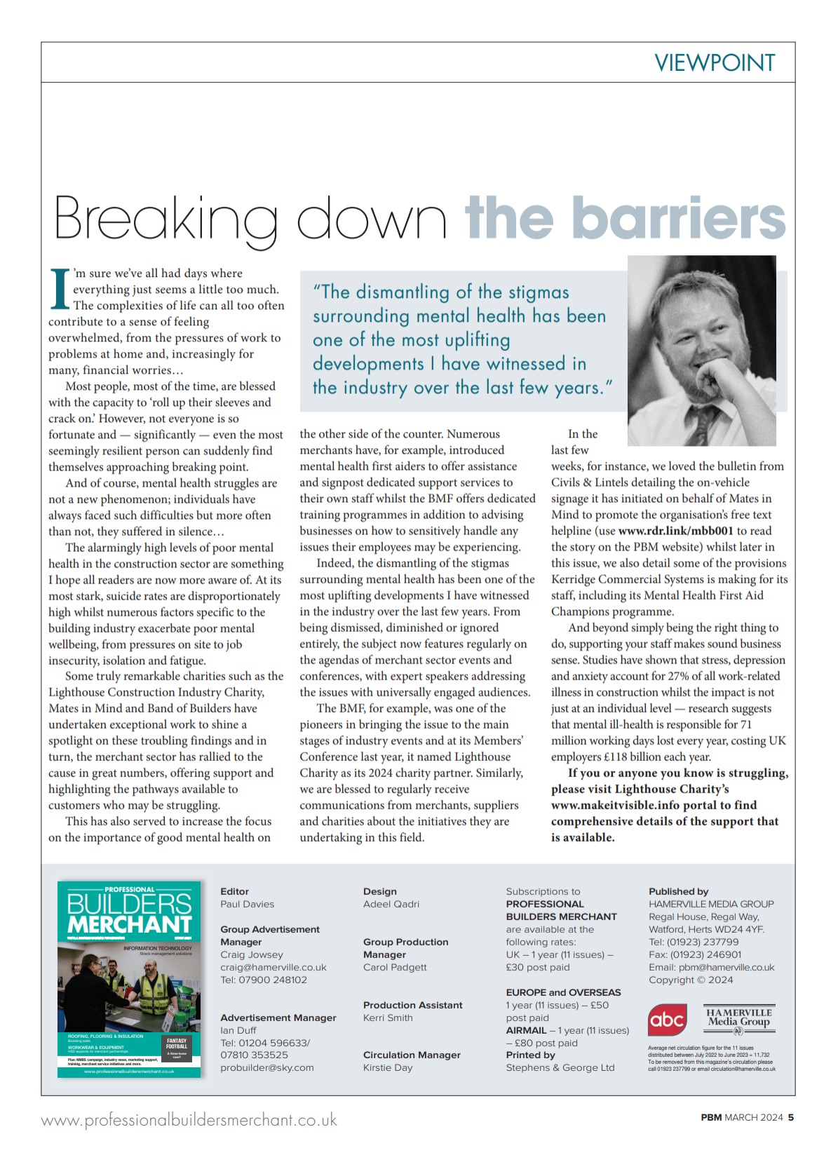 Writing in the March edition of PBM, Editor Paul Davies discussed the all-round importance of effective mental health support for those in the industry.