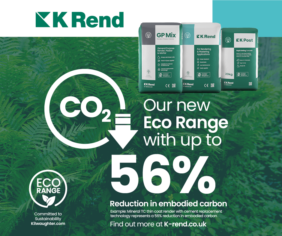 The new K Rend Eco Range from Kilwaughter Minerals has been created to offer a suite of reduced cement render and mortar products.