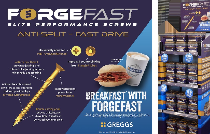 Having rebranded and extended its ForgeFast range of high-end screws, ForgeFix is supporting merchant sales via a 'free breakfast' promotion with Greggs.